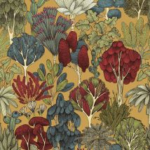 Papier peint original intissé idéal couloir | Papier peint cuisine arbre | Tapisserie forêt jaune ocre, rouge et bleu pour salon - 10,05 x 0,53 m