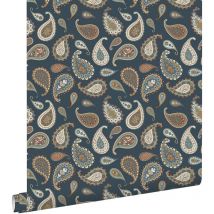 Estahome - papier peint paisleys bleu foncé, beige et vert menthe