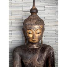 Papier peint panoramique bouddha zen pour salle de bain | Tapisserie panoramique bouddha fond bois gris | Papier peint panoramique salon & chambre
