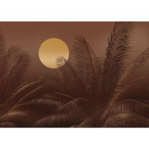Komar - papier peint panoramique soleil tropical et palmiers marron terracotta