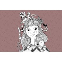 Papier peint panoramique chambre fille taupe & blanc Tapisserie panoramique originale fille avec un chat Papier peint panoramique mauve & blanc