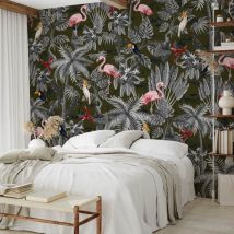 Papier peint panoramique exotique flamants tropicaux