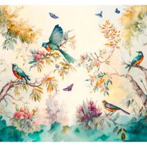 Sanders&sanders - papier peint panoramique feuilles de la jungle tropicale et oiseaux de paradis turquoise et beige