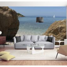 Papier peint intissé bord de mer, 270 cm x 250 cm, rêvez toute l'année, voilier au loin, paradis pour les pieds dans l'eau.