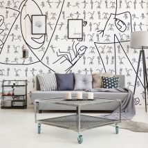 Papier Peint Intissé Line Art Primitif 270 cm x 250 cm, Dessin Batons, Décor Design pour Murs et Sols