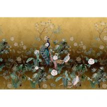 Papier peint panoramique jaune & doré oiseaux Tapisserie panoramique fleurie pour escalier Papier peint panoramique floral japonais pour salon