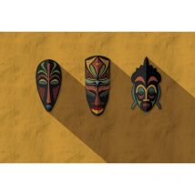 Papier peint panoramique jaune ocre avec masques africains Tapisserie panoramique ethnique pour salon Papier peint panoramique idéal pour escalier
