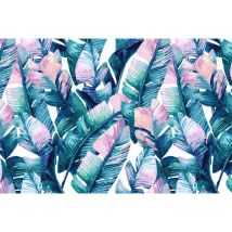 Papier peint panoramique feuille aquarelle bleu & rose | Tapisserie panoramique exotique bleu & rose | Papier peint panoramique salon & chambre - 267