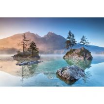 Papier peint panoramique montagne & lac bleu | Tapisserie panoramique nature turquoise pour salle de bain | Papier peint panoramique salon - 267 x