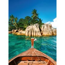 Papier peint panoramique mer des Seychelles turquoise | Tapisserie panoramique palmier & rocher pour escalier | Papier peint panoramique plage salle