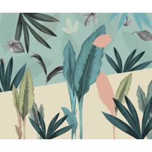Komar - papier peint panoramique plantes tropicales bleu, rose et vert