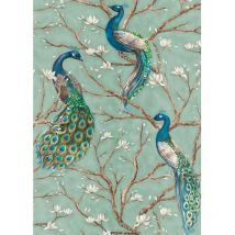 Papier peint panoramique oiseaux bleu Tapisserie panoramique avec paon turquoise Papier peint panoramique cuisine avec arbre & fleur