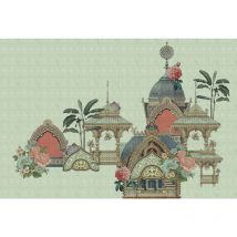 Papier peint panoramique oriental Tapisserie panoramique zen abstrait à motif monuments indiens Papier peint panoramique vert lichen idéal salon