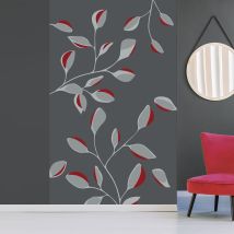 Papier peint intissé gris/rouge motif fleurs japonaises, 250 cm x 150 cm, fond gris foncé.