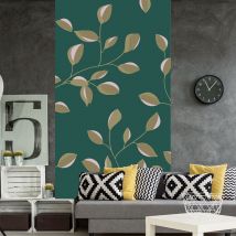 Papier peint intissé motif fleur japonaise, 250 cm x 150 cm, pétales marron et blanc, fond vert foncé.