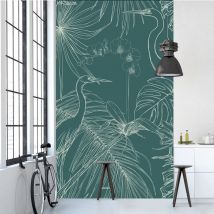 Papier Peint Intissé Héron Orchidées Plantes Sauvages Fond Vert 250 cm x 150 cm - Décoration Murale Naturelle