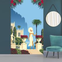 Papier peint intissé 250 cm X 150 cm, Paysage Grec avec Femme en Tenue Beige, Vue sur Mer, Fleurs Rouges et Jaunes.