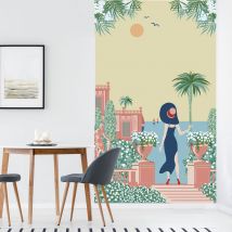 Papier peint intissé Paysage des Îles Grecques, Vue sur Mer, Femme en Tenue Bleue, 250 cm x 150 cm.