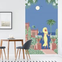 Papier peint intissé Paysage des Îles Grecques, Vue sur Mer, Femme en Tenue Bleue, 250 cm x 150 cm.
