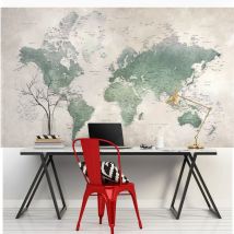 Papier peint intissé vintage, mappemonde verte, 250 cm x 150 cm