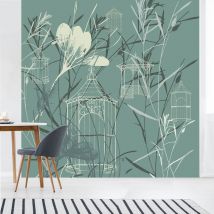 Papier peint intissé motifs kiosques champêtre, 250 cm x 250 cm, panoramique, verdure tournoyante