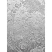 Papier peint panoramique relief motif fleur argenté | Tapisserie panoramique fleurie grise pour chambre | Papier peint panoramique floral moderne