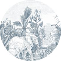 papier peint panoramique rond adhésif jungle bleu - ESTAhome