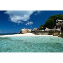 Papier peint panoramique bleu Seychelles Tapisserie panoramique plage pour salon Papier peint panoramique mer nature