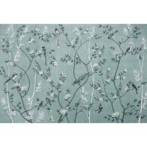 Papier peint panoramique tendance pour salon Tapisserie panoramique bleue à motif oiseaux et branchages Papier peint panoramique élégant forêt
