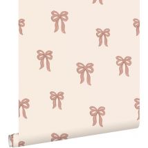 Estahome - papier peint petits noeuds ruban beige et rose terracotta