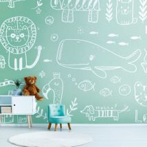 Papier peint photo Profhome 383041 papier peint intissé gaufré à chaud lisse avec un dessin infantile mat vert blanc 3,71 m x 2,8 m