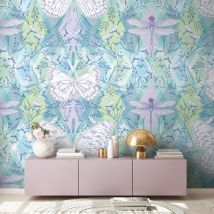 Profhome - Papier peint photo 392041 papier peint intissé gaufré à chaud lisse avec des papillons mat vert violet bleu blanc 1,59 m x 2,8 m