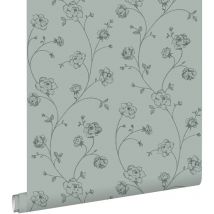 Estahome - papier peint roses en Toile de Jouy vert grisé