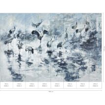 Papier peint tendance bleu & blanc avec motif oiseaux Tapisserie motif animalier moderne Papier peint bleu imitation peinture idéal bureau