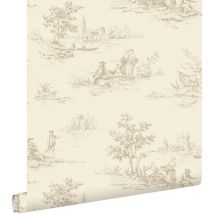 Estahome - papier peint toile de jouy beige clair