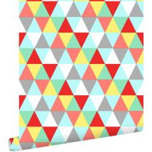 Estahome - papier peint triangles rouge, jaune et bleu