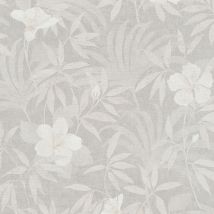 Papier peint tropical chic clair chambre | Papier peint fleur exotique gris et blanc couloir | Tapisserie fleur hibiscus grise & blanche - 10,05 x