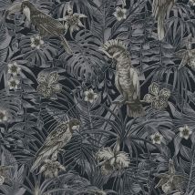 Papier peint tropical intissé | Papier peint oiseaux perroquet et feuille palmier gris anthracite | Tapisserie jungle grise pour salon - 10,05 x 0,53