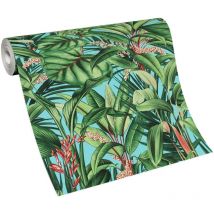 Papier peint tropical vert & turquoise salle de bain | Tapisserie jungle chambre adulte & ado | Papier peint exotique moderne intissé