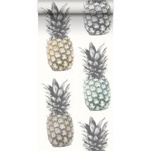 papier peint intissé XXL ananas beige, vert menthe et gris - ESTAhome