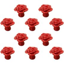 Paquete de 10 Perillas de Cerámica para Armarios Tirador Flor de Rosa con Tornillos Pomos para Muebles Cajones Gabinetes - Rojo