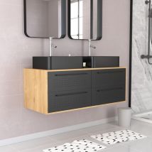 Aurlane - Caja de paquetes de gabinete de baño acabado de roble natural + 2 cuencas negras mate - Uby 120cm