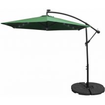 Parasol Déporté Vert Incinable Ombrage de 3M 24 led Energie Solaire Protection uv Terrasse Patio Cour Piscine Jardin Héxagonale [Base Ronde + Housse