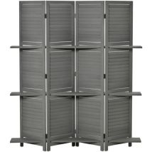 Homcom - Paravent intérieur 4 panneaux 3 étagères pliables séparateur de pièce portes persiennes bois de paulownia gris