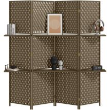 Homcom - Paravent intérieur 4 panneaux 2 étagères pliables séparateur de pièce bois de pin bambou fibres de papier tressée marron paille