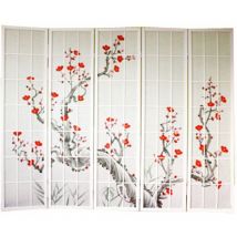 Pegane - Paravento in legno bianco con fiori di ciliegio di 5 pannelli