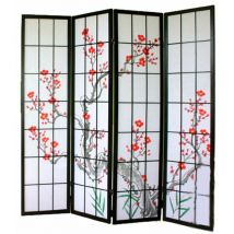 Paravento in legno con fiori di ciliegia nero di 4 pannelli