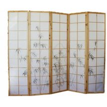 Pegane - Paravento in legno naturale con disegno sombro bambù di 5 pannelli