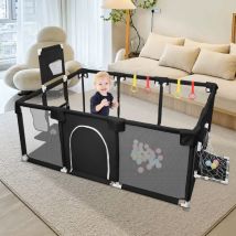 Parc Bébé Centre d'activités avec 50 boules-Panier de basket-Réseau de football-4 Poignées Parc pour bébé 180x120x66cm noir