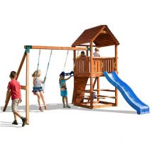 Parco giochi con altalena e tavolo da picnic in legno Fungoo JOY MOVE + STEP ON FREE TIME gioco in legno per giardino